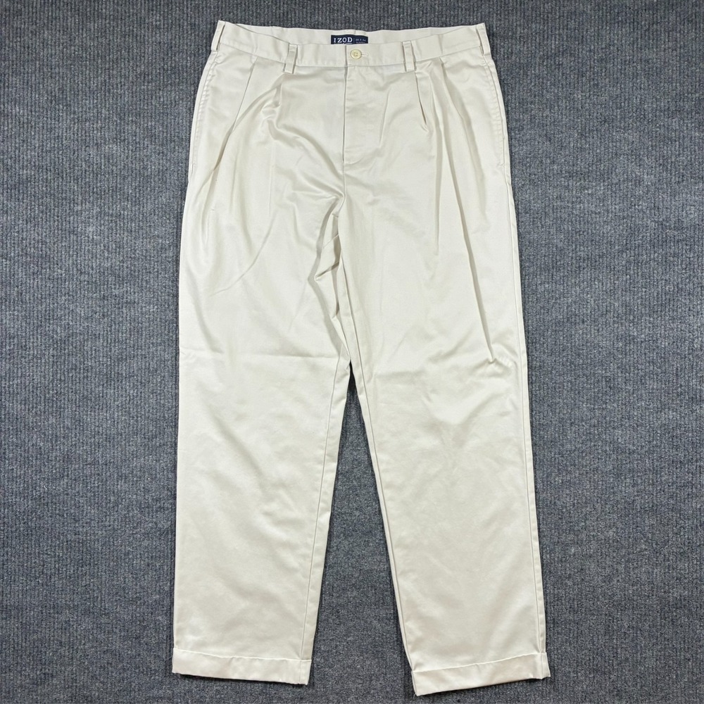 IZOD American Chino Mens Pants Size 38x34 Beige Classic Fit Pleated High Rise